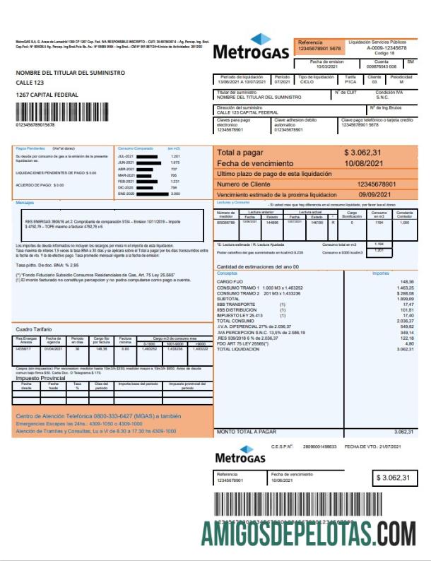 Para baxiar Argentina Metrogas Modelo de fatura de serviços públicos fácil de preencher em formato Word e PDF